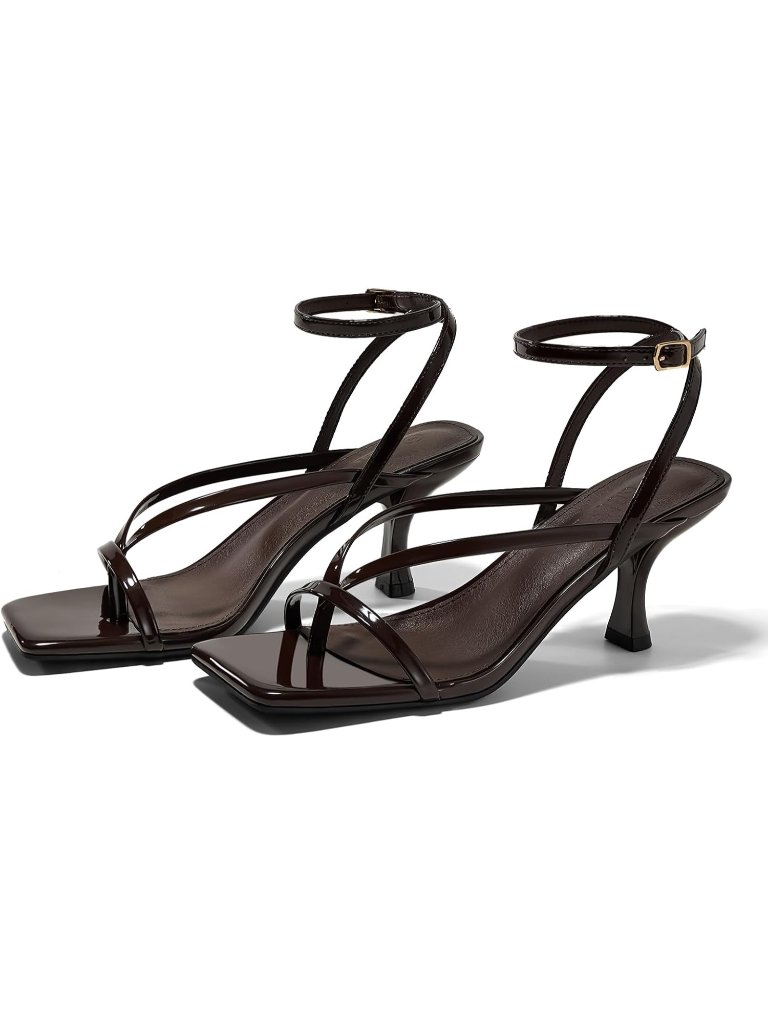 Women's Coffee Lace Up Heels Sandal Square Toe Flip Flop Kitten Heel Ankle Strap
